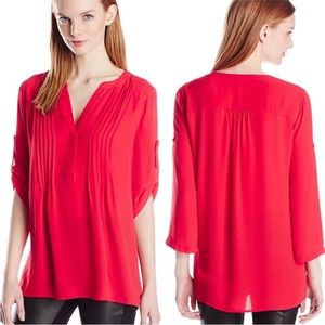 BCBGMaxazria Gena Blouse - Semi Sheer Button Up Micro Pleat with Roll up Sleeves